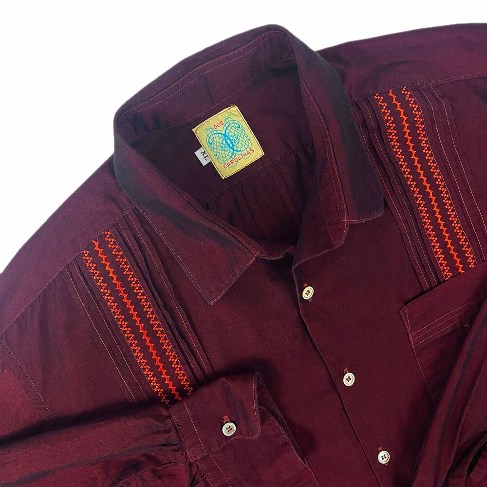 Dos Carolinas Guayabera Men’s XL Pintuck Burgundy Long Sleeve Button Down USA